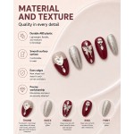 Wine‑Red Medium‑Long Almond Press‑On Nails，Luxury False Nails with Silver Glitter, Metal Butterfly & Heart Rhinestones